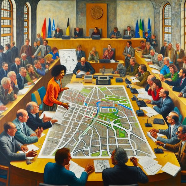 Verkeersveiligheidsstrategie in gemeenteraad besproken - Jan Steen stijl schilderij Gedetailleerde schilderij in de stijl van Jan Steen van een gemeenteraadsvergadering waar stadsambtenaren en burgers een verkeersveiligheidsstrategie bespreken met kaarten en plannen op tafel
