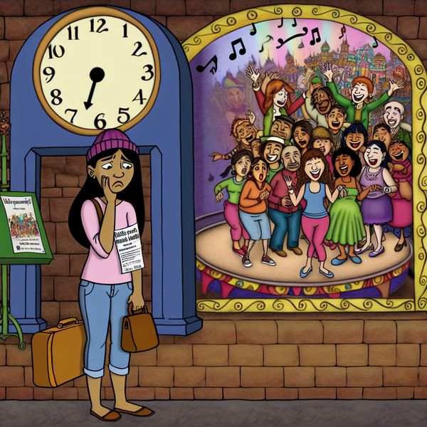 Een cartoonachtige afbeelding van een jonge vrouw die depri staat onder een grote klok terwijl cheerfull vrienden op de achtergrond genieten van een feest.