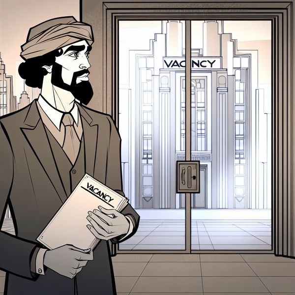 Gemiste kans op baan: teleurstelling bij gesloten vacaturedeur met cv Persoon met cv voor gesloten vacaturedeur in retro-futuristische stad, teleurgesteld over gemiste kans