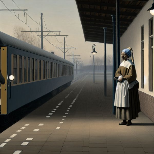 Persoon kijkt gefrustreerd op horloge op verlaten treinstation in ochtendlicht, vertrekkende trein op achtergrond