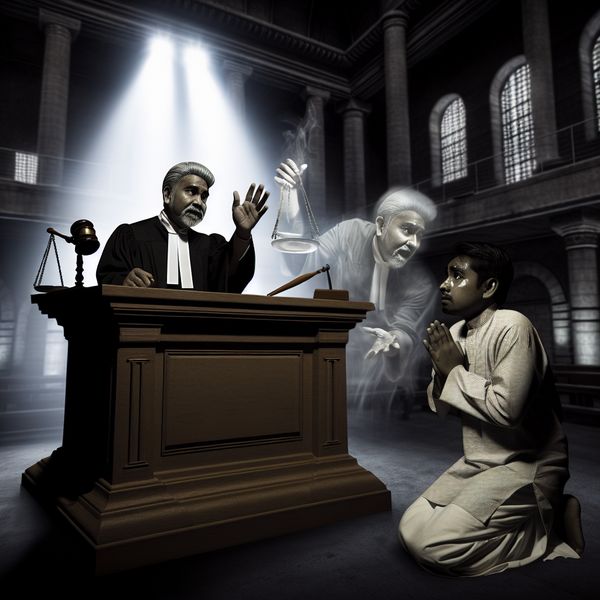 Hyperrealistisch surrealistisch tafereel van een rechter die genade toont aan een geknielde gevangene in een monumentale rechtszaal, met symbolen van rechtvaardigheid en emotionele spanning