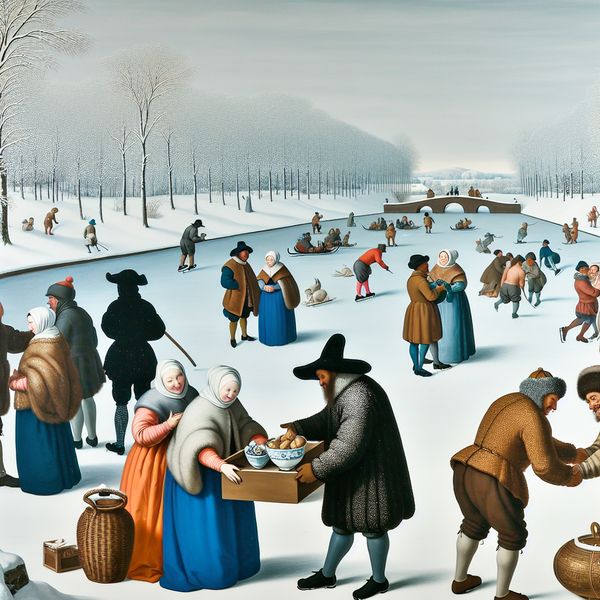Vrolijke winterse scène in de stijl van Hendrick Avercamp met mensen die genegenheid en verbondenheid tonen door samen te werken en warme dranken te delen in een gezellige sfeer