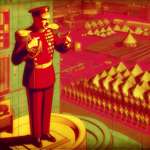 Generaal geeft commando voor strategische terugtrekking aan militaire eenheden Generaal in ceremoniële militaire uniform geeft retreatsignaal aan troepen tijdens strategische oefening in retro-futuristische stijl