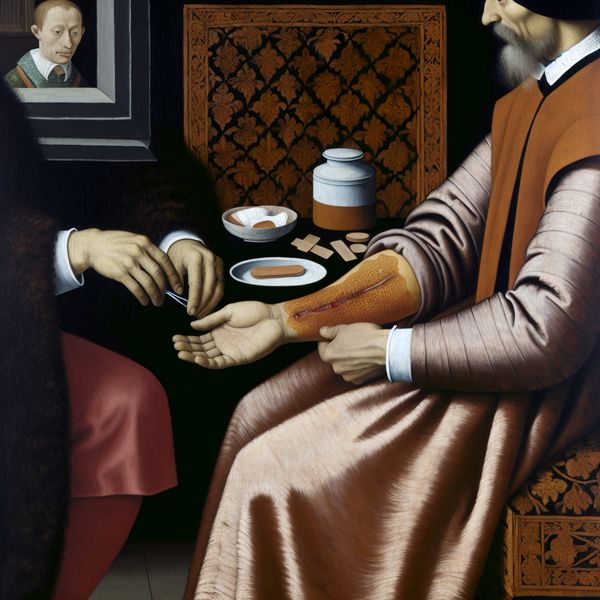 17e-eeuws schilderij van een arts die een genezende wond op de arm van een patiënt onderzoekt in een rustige Hollandse binnenkamer