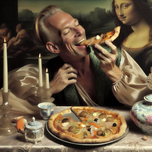 Genieten van Zelfgemaakte Pizza aan een Mooi Gedeckte Tafel Een persoon geniet van een zelfgemaakte pizza aan een mooi gedekte tafel.