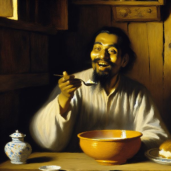 Persoon geniet met gesloten ogen van een kom warme soep, uitdrukking van smaakvol genot met geluid 'Mmm' tijdens het eten