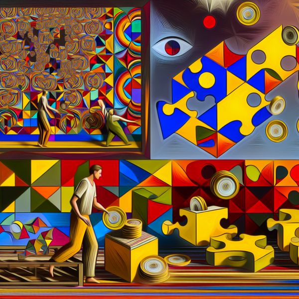 Surrealistische geometrische scène met een persoon die een budget voor een feest opstelt met geometrisch gevormde munten en kleurrijke begrotingsbladen.