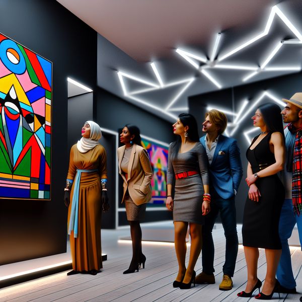 Vibrante moderne kunst in een hedendaagse galerie Kleurrijke geometrische schilderij in een kunstgalerij met bewonderende kijkers.