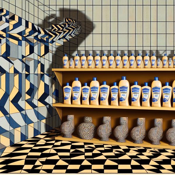 Geometrische Shampoo Bottles met Surrealistische Kwaliteit Weergave Surrealistische weergave van verschillende shampooflessen met geometrische patronen op een plankenrek.