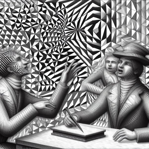 Twee mensen in gesprek, één spreekt scherp en kijkt nors, de ander is verbaasd, met een geometrische, Escher-stijl achtergrond.