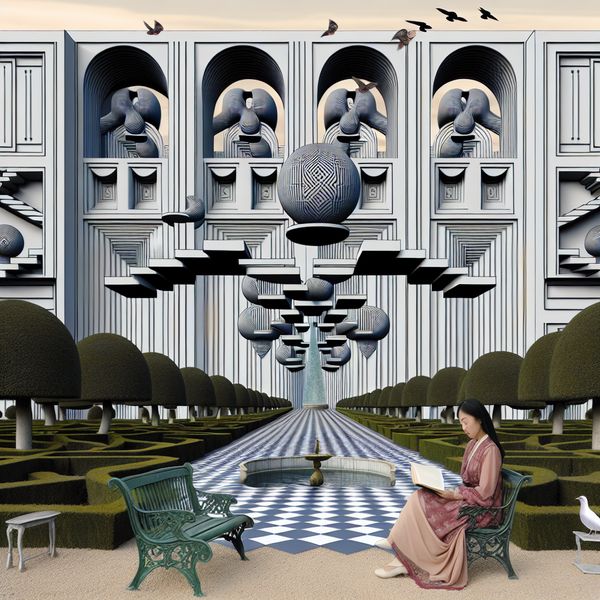 Vrouw die in een geometrische tuin leest, geïnspireerd door M.C. Escher, omringd door symmetrische paden en kunstmatig gevormde watervallen.
