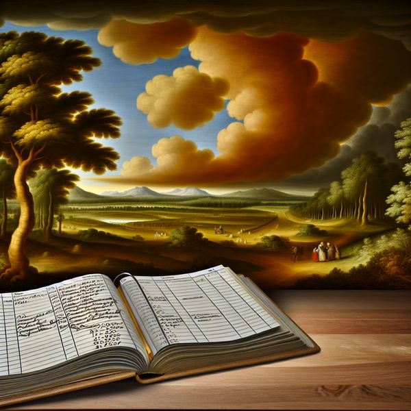 Georganiseerd Bureau met Agenda en Serene Landschap Een georganiseerd houten bureau met een open agenda vol handgeschreven data en notities, op de achtergrond een serene natuurlijke landschap.