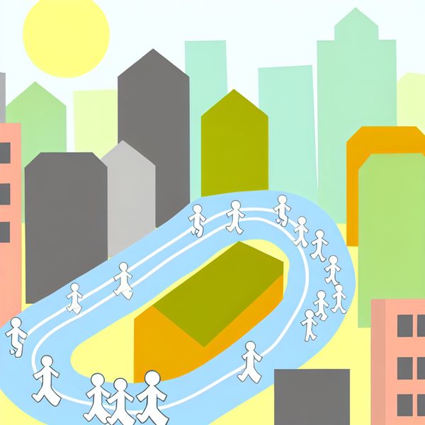 Georganiseerde Hardloopwedstrijd Illustratie Minimalistische illustratie van een georganiseerde hardloopwedstrijd met een kleurrijk stadslandschap en kinderlijke pictogrammen van lopers en een routekaart.