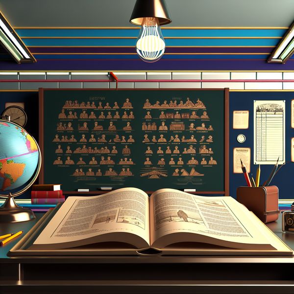 Geschiedenis leren: illustratie van Tweede Wereldoorlog in retro klaslokaal Illustratie van een nostalgische klaslokaalscène met een open geschiedenisboek over de Tweede Wereldoorlog, geometrische tekeningen van historische gebeurtenissen, een schoolbord, globe en vintage schoolspullen