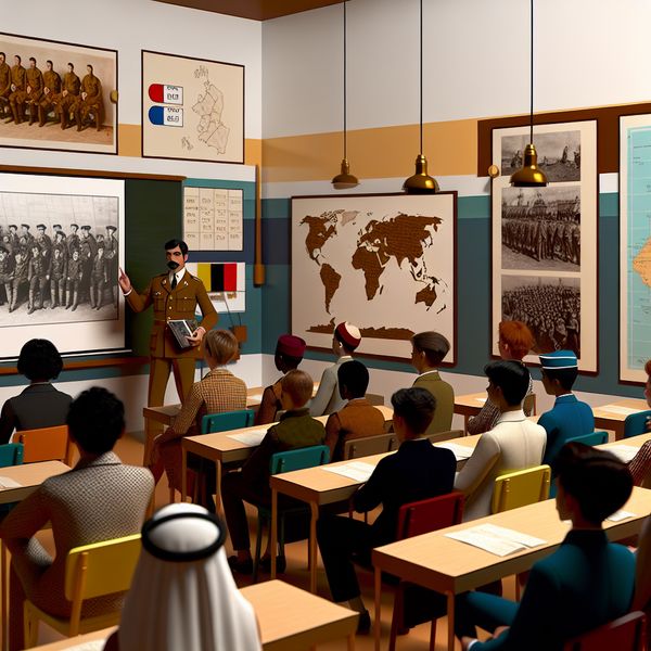 Retro-futuristische geschiedenisles over de Tweede Wereldoorlog met een leraar die een oude foto van soldaten vasthoudt en leerlingen die naar een tijdlijn kijken