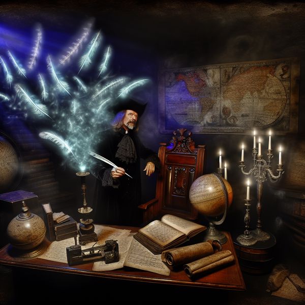 Symbolische voorstelling van een deskundige figuur omringd door zwevende kennisymbolen in een mysterieus studeervertrek, geschikt voor een complexe taak