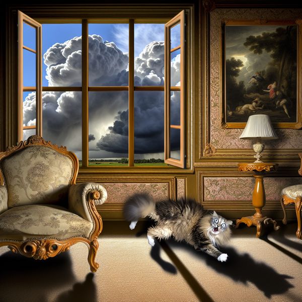 Een geschrokken kat die onder een vintage bank wegschiet in een elegante woonkamer met een dreigende lucht buiten.