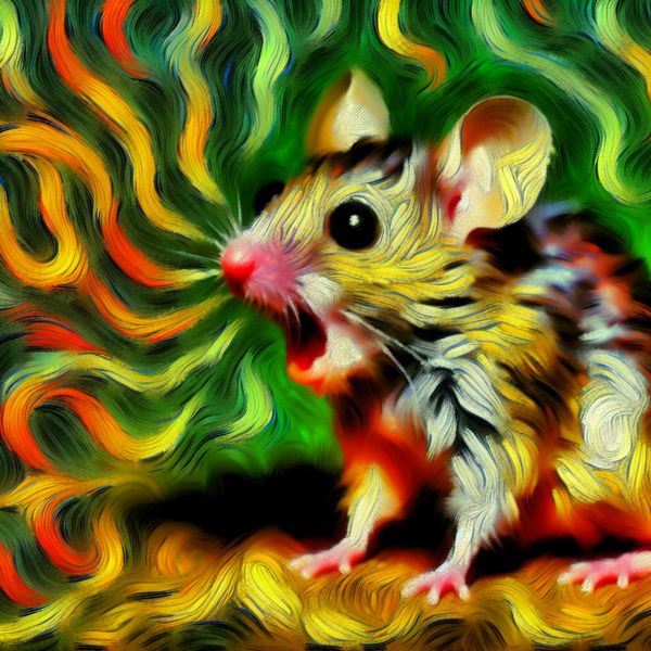 Verraste muis met piepend geluid Dichtbijzicht van een kleine, geschrokken muis met open mond die een hoog, piepend geluid maakt, omgeven door kleurrijke geluidsgolven.