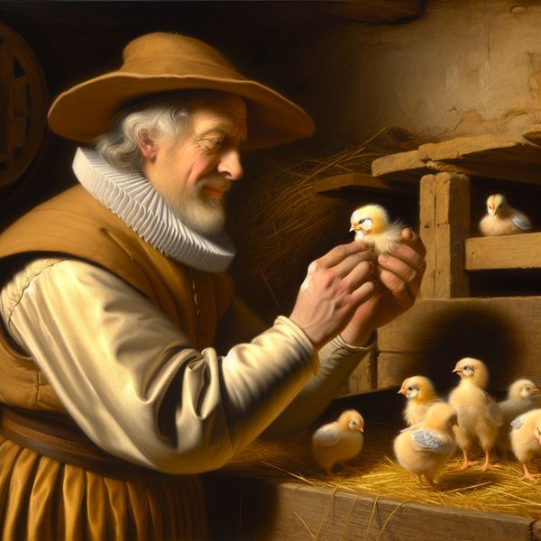 Geslachtsbepaling kuikens: traditionele methode in historische boerderijsetting 17e-eeuwse Nederlandse dierenverzorger bepaalt het geslacht van een kuiken door voorzichtig een piepklein kuikentje te onderzoeken in een boerderijsetting