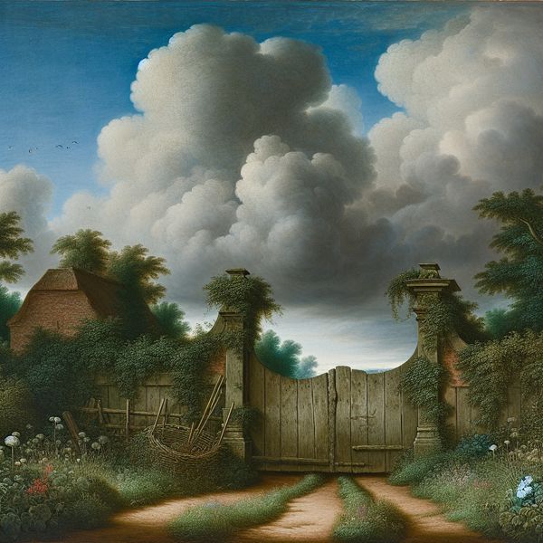 Gesloten poort in klassiek Nederlands landschap - betekenis van 'gesloten' 17e-eeuws Nederlands landschap met gesloten houten poort omringd door klimop en wilde bloemen, symboliserend het woord 'gesloten'