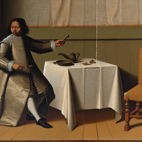17e-eeuws Nederlands interieur met gefrustreerde persoon die een kapot voorwerp vasthoudt, symboliserend dat er niets mee bereikt is, ter illustratie van gesplitste voornaamwoordelijke bijwoorden