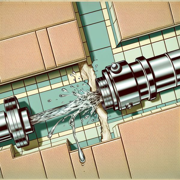Dwarsdoorsnede van een badkamermuur met een gesprongen waterleiding, water spuit uit de barst in een retro-futuristische illustratie