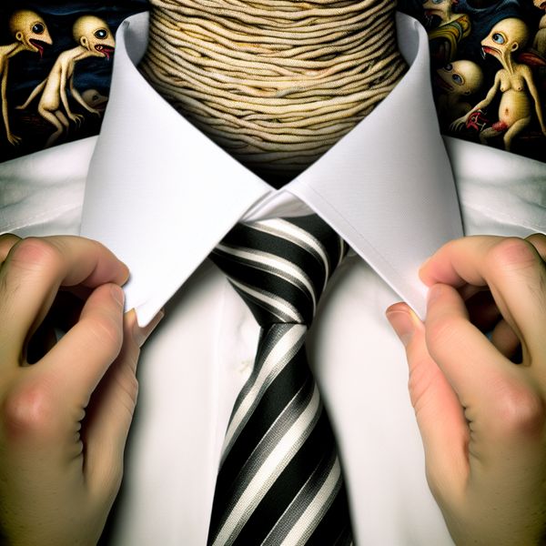 Surrealistische close-up van een man die de gesteven rand van een wit overhemdboord met zichtbare stiksels en kleine fantasiewezens in de achtergrond aanpast
