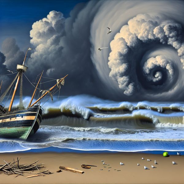 Groot schip gestrand op zandstrand met woeste golven Een grote schip dat vastzit op een zandstrand, met woeste golven op de achtergrond