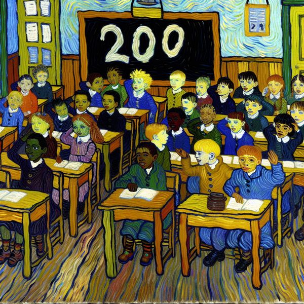 Kleurrijke klaslokaalillustratie in Van Gogh-stijl met twintig kinderen die aan houten tafels zitten, nummer 20 subtiel geïntegreerd in de omgeving