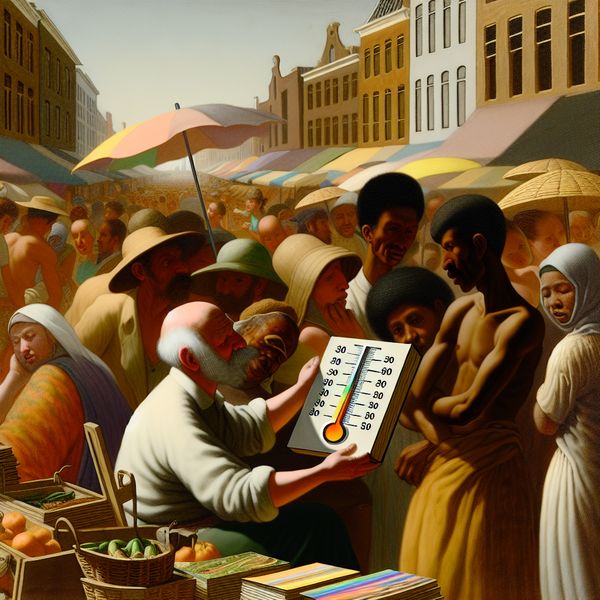 Betekenis van het getal 30 in prijs en temperatuur - Nederlandse taaloefening Druk Amsterdamse straatmarkt in zomerse hitte met boekenverkoper die boek toont voor 30 euro en thermometer op bijna 30 graden