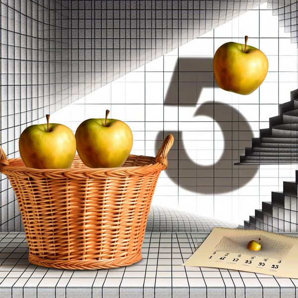 Drie gouden appels zweven in een geometrisch mandje met schaduwen die het cijfer 3 vormen, in de stijl van M.C. Escher