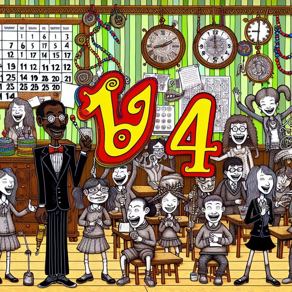 Het getal 14 leren tellen in een vrolijke klas - educatieve illustratie voor taal en rekenen Cartoonachtige klas met veertien leerlingen die hun veertiende verjaardag vieren, waarbij de lerares het getal 14 aanwijst op een verjaardagskalender