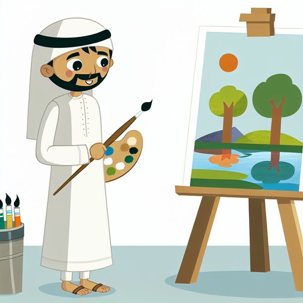 Getalenteerde schilder in studio met meesterwerk Minimalistische illustratie van een getalenteerde schilder in zijn studio, met een gedetailleerd landschap op het schildersdoek en een glimlach op zijn gezicht.