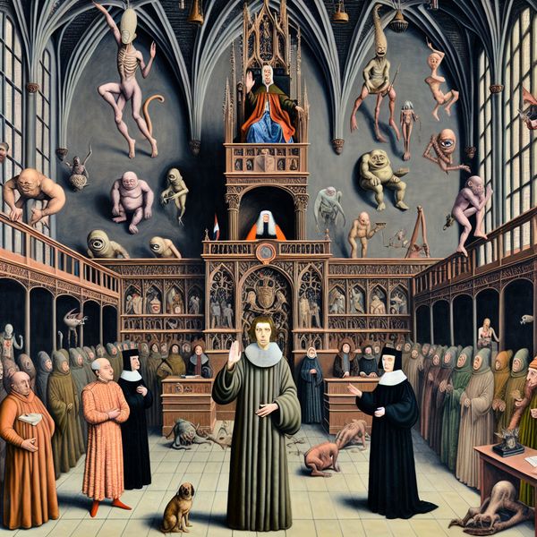 Getuigenis in een surrealistische rechtszaal: symboliek en eedaflegging in Bosch-stijl Surrealistische rechtszaal in de stijl van Jheronimus Bosch met een getuige die een eed aflegt voor een rechter, omringd door bizarre figuren en symboliek