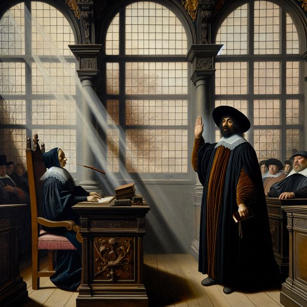 Getuige legt verklaring af onder ede in historische rechtbank 17e-eeuwse Nederlandse rechtbank met een getuige die onder ede een verklaring aflegt, in de stijl van Jacob van Ruisdael