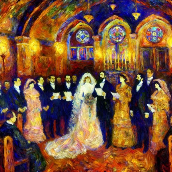 Getuigen bij huwelijksceremonie in expressieve Van Gogh-kunst Trouwceremonie met bruid, bruidegom en vier getuigen in Van Gogh-stijl, met aandachtige gezichten en formele kleding in een warme kerk met gekleurd licht