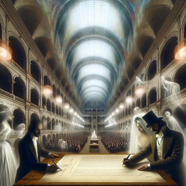 Getuigen bij huwelijksvoltrekking ondertekenen huwelijksakte in surrealistische stijl Twee getuigen ondertekenen een huwelijksakte tijdens een plechtige ceremonie in een monumentale zaal met surrealistische elementen
