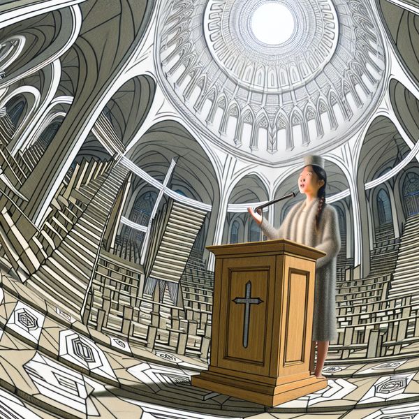 Getuigen van geloof in surrealistische kerk met religieuze symbolen en optische illusies Surrealistisch tafereel van een persoon die openlijk getuigt van geloof in een kerkpreekstoel, omringd door Escher-achtige patronen van religieuze symbolen zoals kruisen en duiven