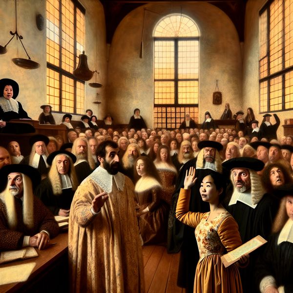 Vrouw legt getuigenis af in een 17e-eeuws Nederlands gerechtshof, omringd door rechter, advocaten en jury in een levendige, chaotische rechtszaal in de stijl van Jan Steen