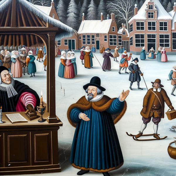 Getuigenis in historische rechtszaak: man verklaart voor rechter in winterse dorpssetting 17e-eeuwse winterse rechtszaak in Nederlands dorp, man getuigt voor rechter in levendige Hendrick Avercamp-stijl