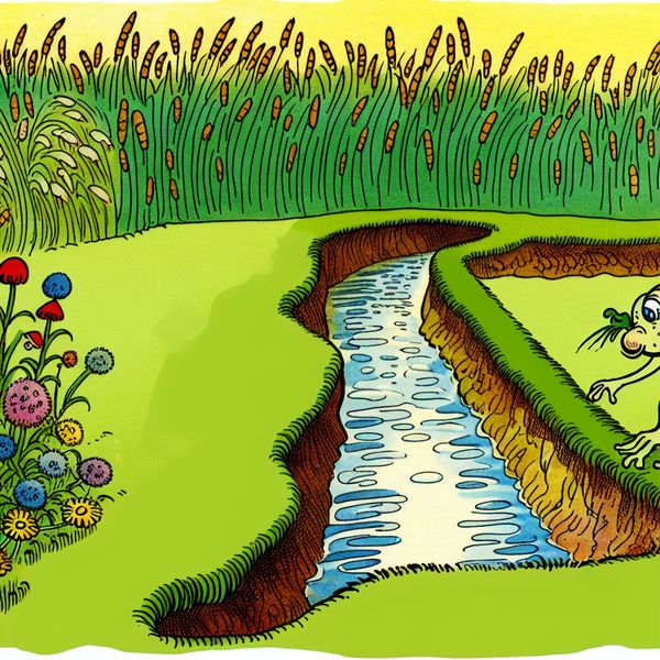 Cartoonillustratie van een geul in een veld Vrolijke cartoonillustratie van een smalle, natuurlijke geul met water in een groen veld, naast kleurrijke wilde bloemen, met een speelse cartoonfiguur die nieuwsgierig in de geul kijkt.