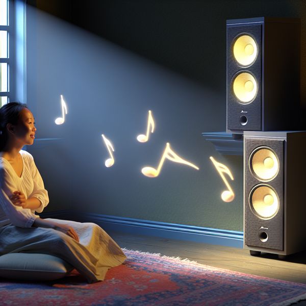 Geüpgrade Audio-Systeem met Hoge Kwaliteit Luidsprekers Een rustige interieur scène met een geüpgrade audio-opstelling en hoge kwaliteit luidsprekers verlicht door diffuus licht.