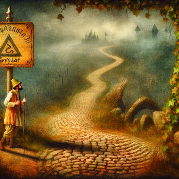 Gevaar en risico in sprookjesachtige scène met waarschuwingsbord Vintage waarschuwingsbord met tekst 'GEVAAR' langs een mistige, gevaarlijke weg in sprookjesachtige stijl, met een reiziger die aarzelt