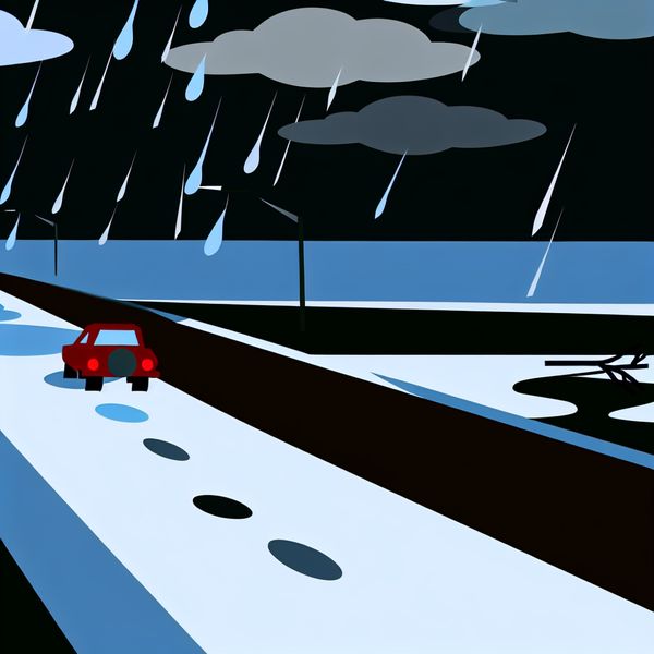 Minimalistische illustratie van een klein autootje op een glibberige weg tijdens een storm, met een omgevallen tak op de weg als teken van gevaar