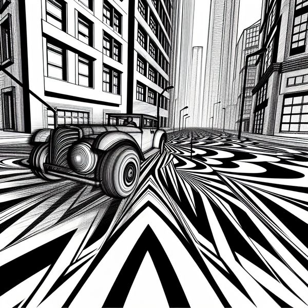 Gevaarlijk hard rijden in surrealistische Escher-stijl illustratie Surrealistische zwart-wit illustratie in de stijl van M.C. Escher van een chaotische stad met onmogelijke perspectieven, waarin een auto gevaarlijk hard rijdt met wielen die in herhalende patronen bewegen