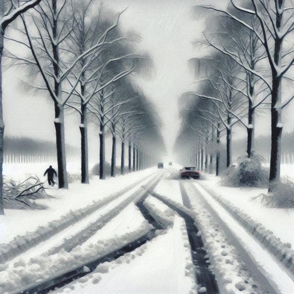 Hyper-realistische winterlandschap met gevaarlijke weg bedekt met dikke sneeuw en sporen van slippen.