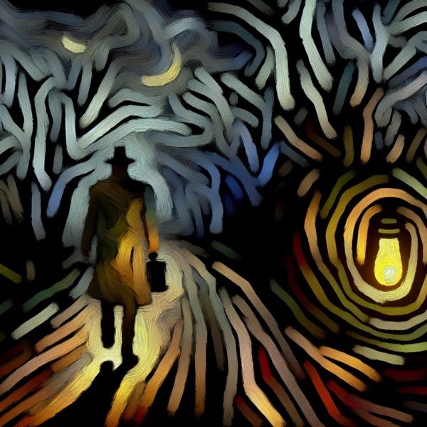 Abstract expressionist artwork depicting a dark forest path with an anxious figure walking under a dim light, representing danger and risk.