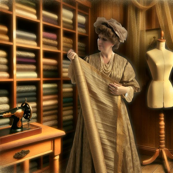 Vintage stoffenwinkel met vrouw die zachte geweven stof aanraakt voor kleding of gordijnen