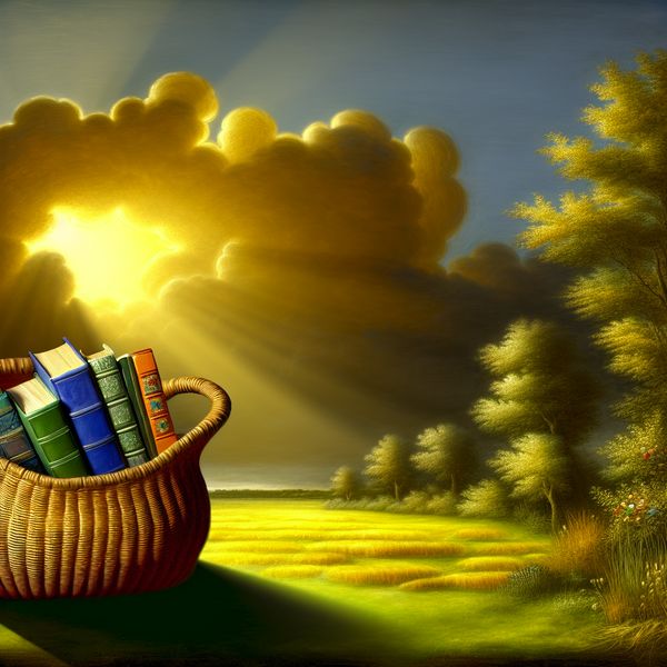 Een grote, geweven tas gevuld met kleurrijke boeken op een grasheuvel onder een dramatische lucht.