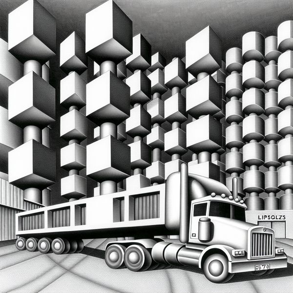 Optische illusie gewichtseenheid ton in logistiek en handel - Escher stijl Surrealistische tekening in de stijl van M.C. Escher van een vrachtwagen die op één punt balanceert met lading van 20 ton, omringd door zwevende geometrische vormen en silo's van 50 ton in een optische illusie van diepte en precisie